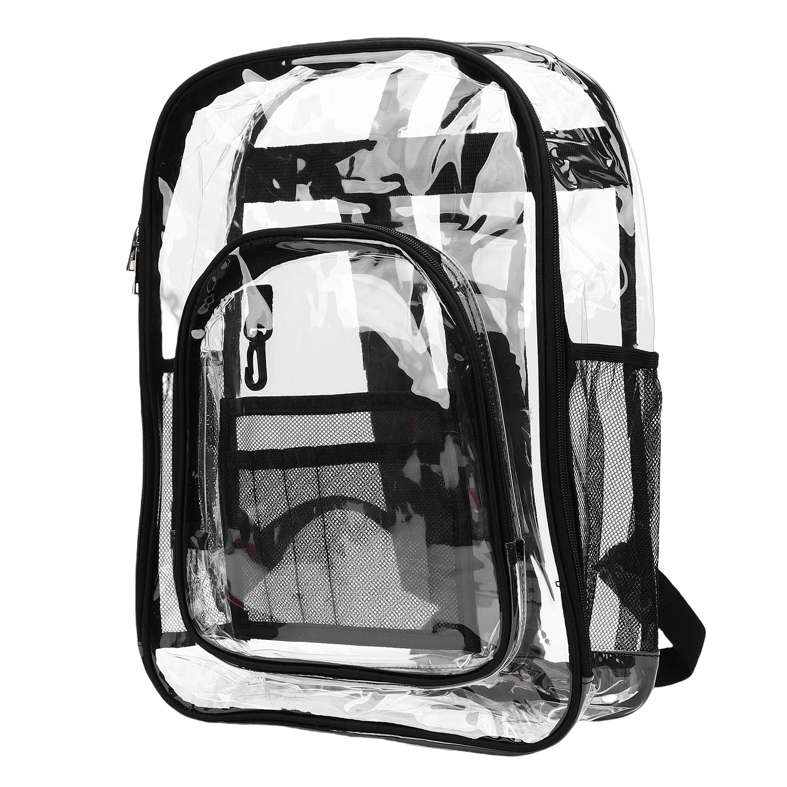 투명한 배낭 33x17x43cm 책, 문구류용 메쉬 및 병 홀더가 있는 방수 PVC 투명 책가방