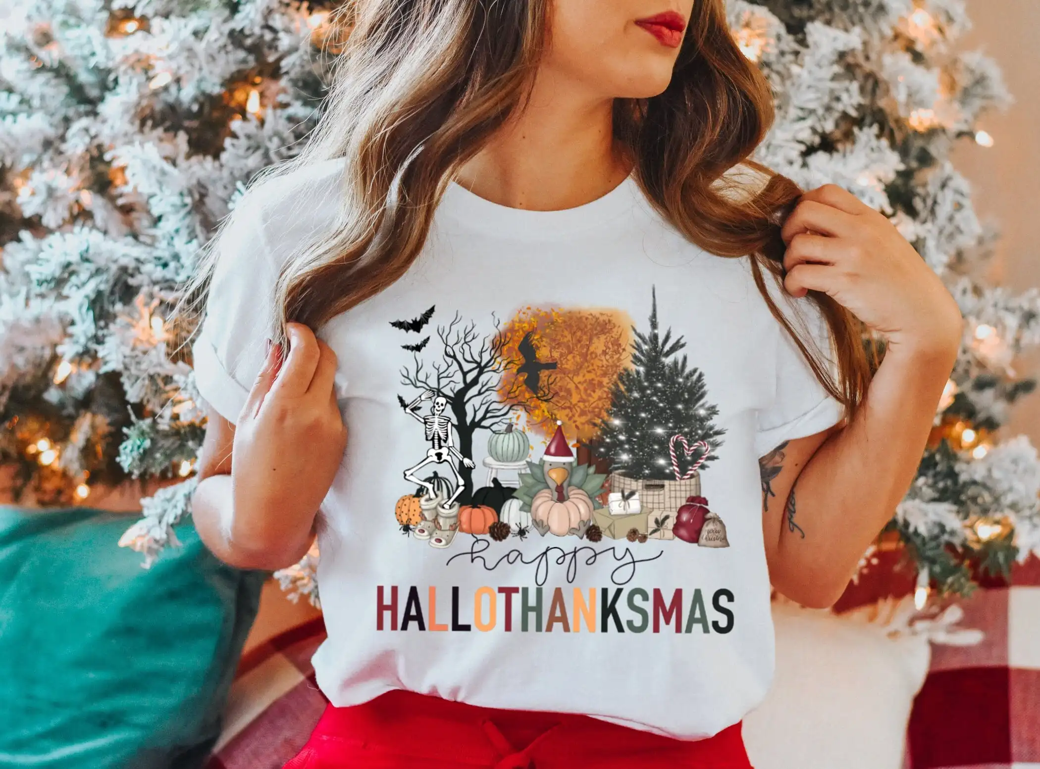 Hallo Thanksmas T Shirt Turkey Merry Christmas Happy Halloween Pumpkin Patch Tree Season Thanksgiving