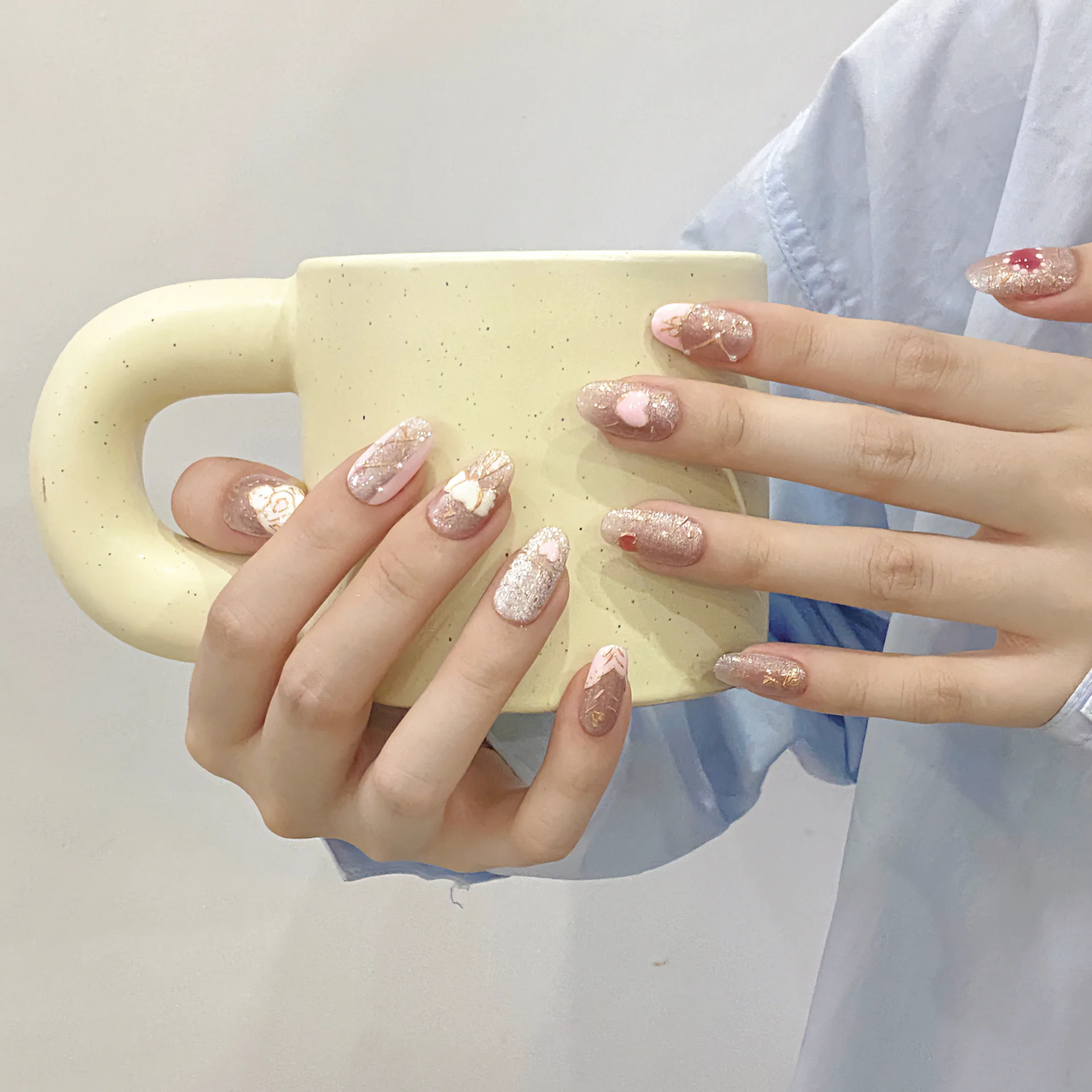 Faux cœur rose pour femme, tête ronde faite à la main, mode coréenne, doux, portable, manucure, presse, N64.Love, 10 pièces