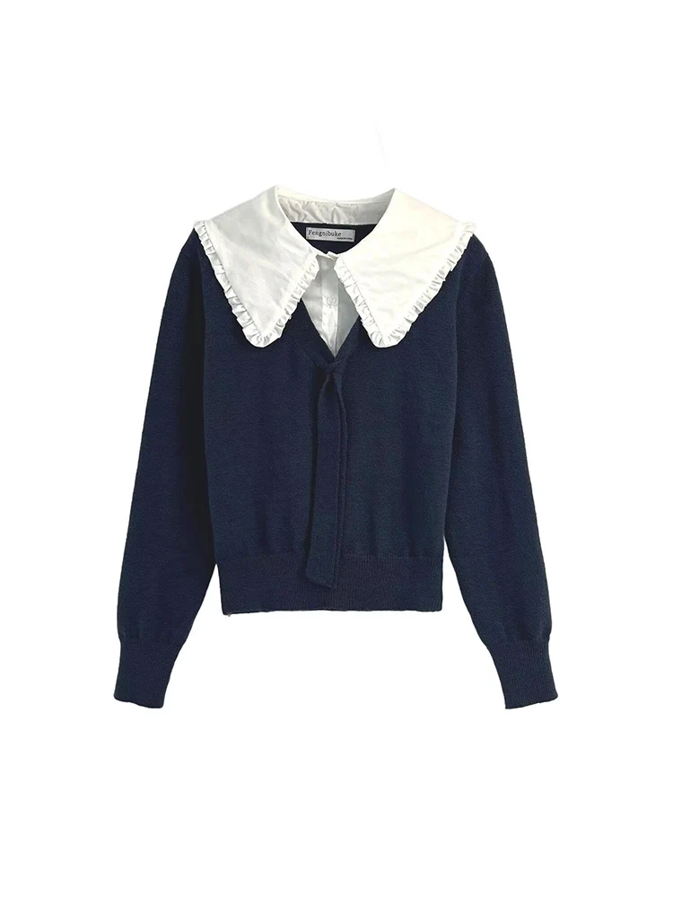 

Осенний новый женский модный дизайн в европейском и американском стиле, свитер с лацканами контрастного цвета в студенческом стиле