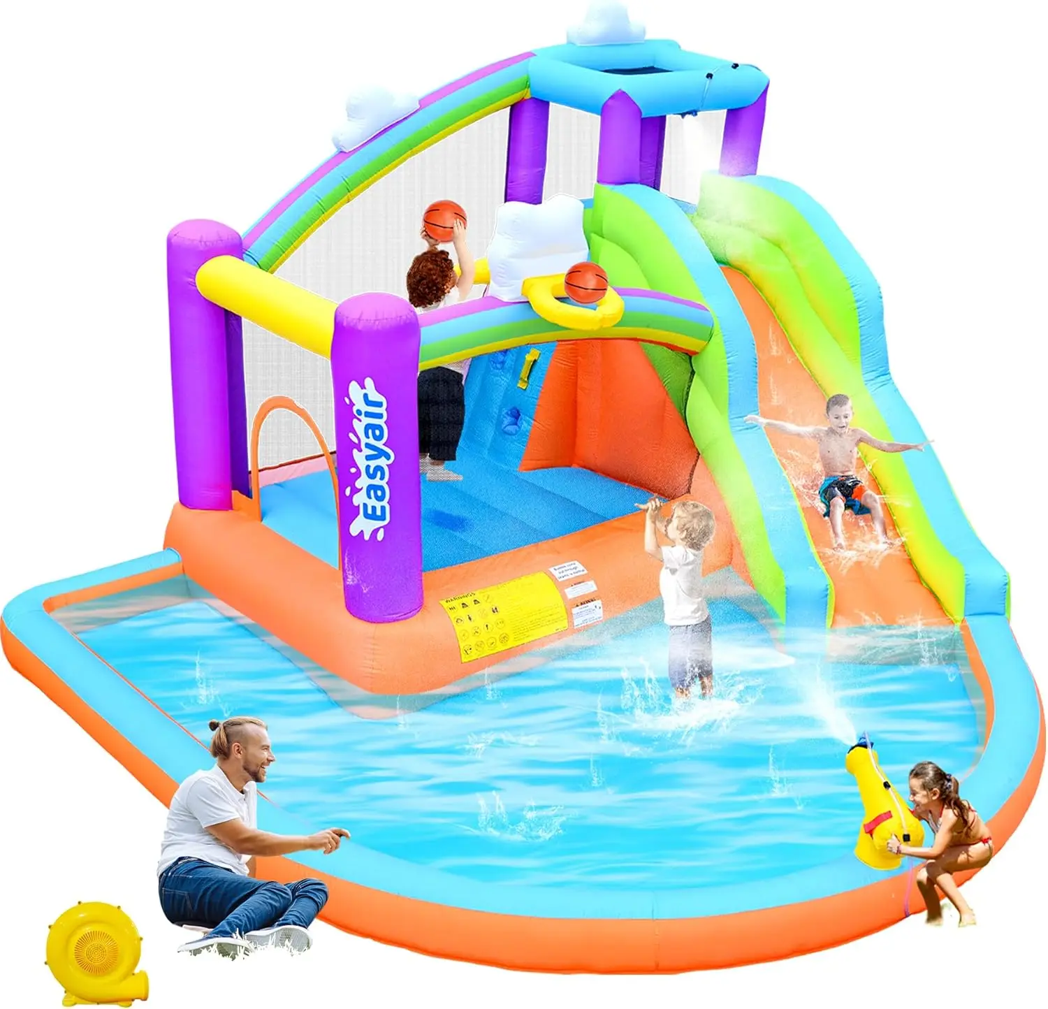 Inflatable Bounce House for Kids, 12.8 FT x 12 FT Water Slide Bouncy Castle, Rainbow Cloud Splash Pool, Jumper, Climbing Wall, 2