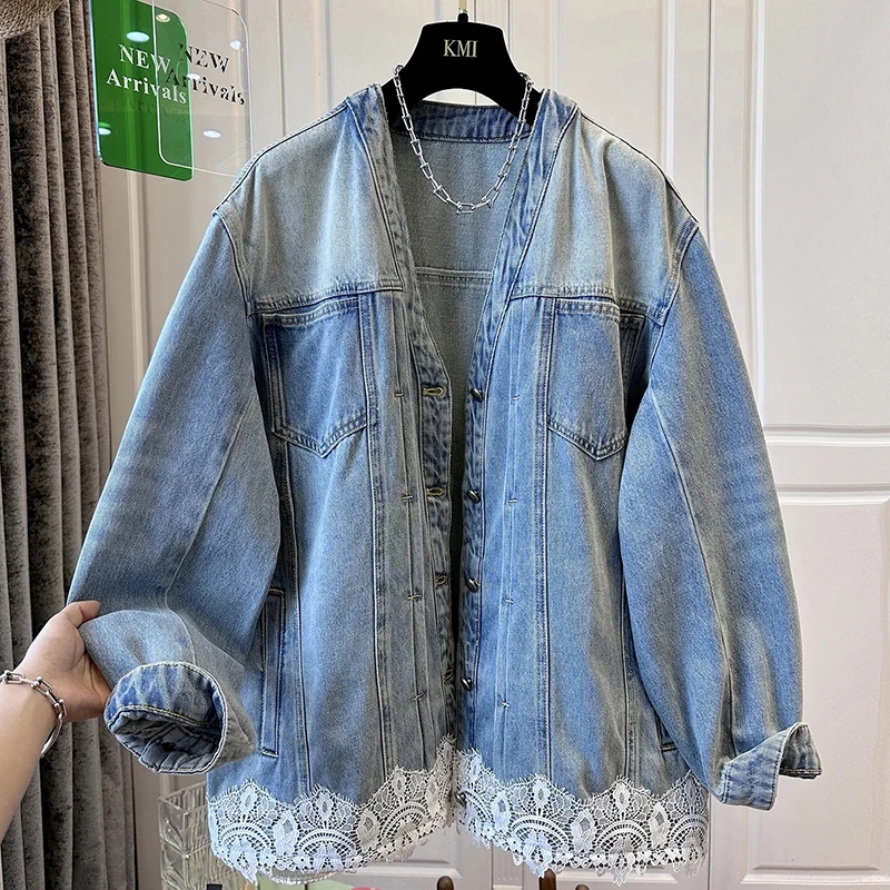 

Женская джинсовая куртка на весну и осень с длинным рукавом Harajuku Y2K, пальто с v-образным вырезом, кружевное лоскутное пальто в консервативном стиле, повседневная свободная верхняя одежда для ленивых