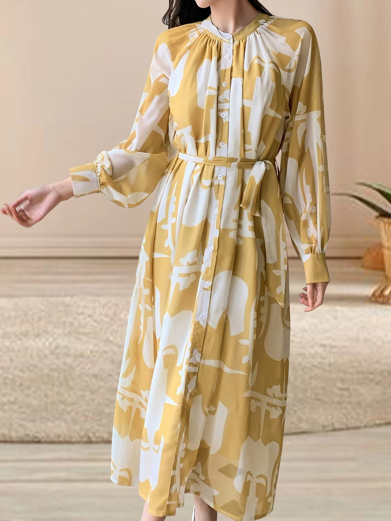 High end silk flowing dress with women's summer temperament printed long skirt, waist belt, long sleeved new silk shirt skirt