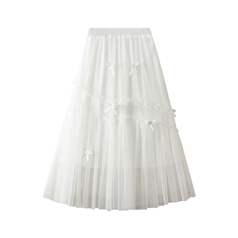 Purchase high-quality wooden ear edge patchwork mesh skirt for women's new versatile mid length large swing High waist  skirt