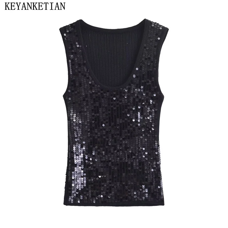 

KEYANKETIAN 2024 New Launch Women Sequined Decoration Knit Vest Sleeveless Top Summer Fashion Simply Slim Black Skinny Camisole