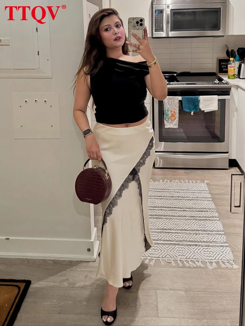 TTQV Fashion Loose Beige Satin Women Skirt 2026 Spring High Waist Ankle Length Skirt Elegant Lace Spliced Skirt Female Clothing