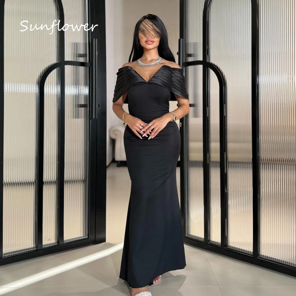 

Sunflower Black Satin V-Neck Mermaid 2024 Slim Crepe Cap Sleeve Ocassion Gown Floor-Length Formal Evening Dress