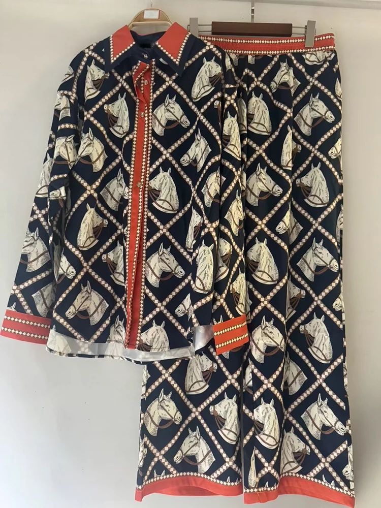 

Рубашка с длинными рукавами и принтом в стиле ретро, комплект из двух предметов, осень 2022, женская одежда + свободные широкие брюки, модный комплект