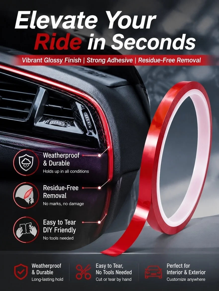 1 Roll Polyester Decorative Tape for Cars Car Molding Trim Vinyl Strip Easy to Tear No Marks Strong Adhesive Automotive Masking