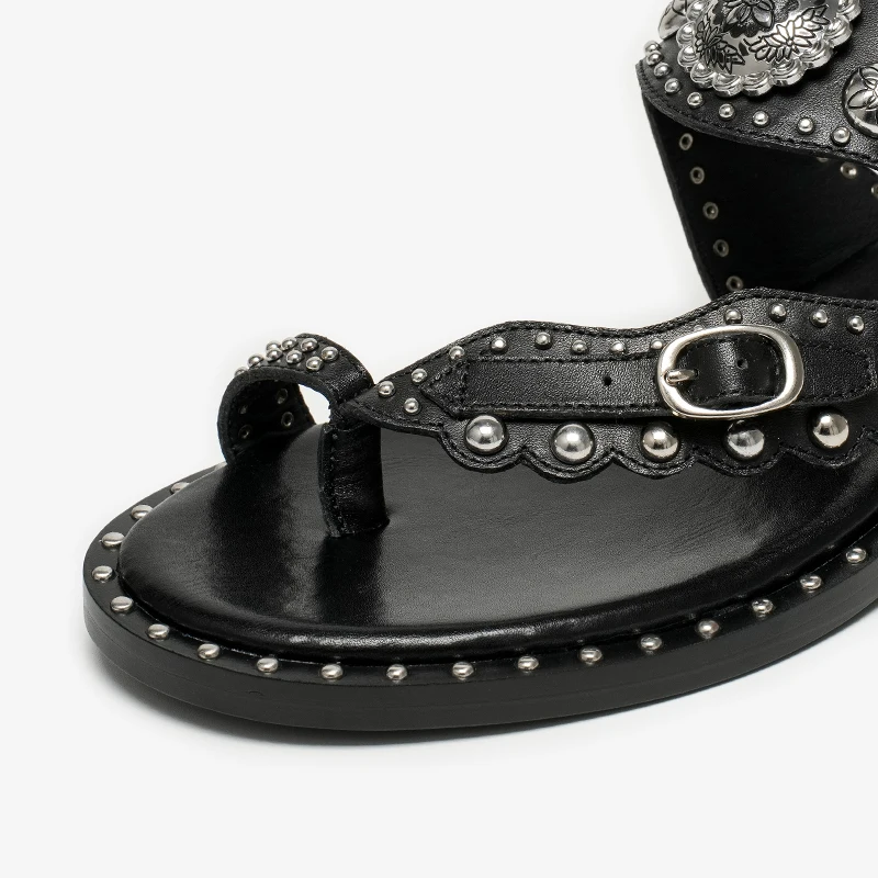 Women's Leather Gladiator Sandals with Floral Metal Detail