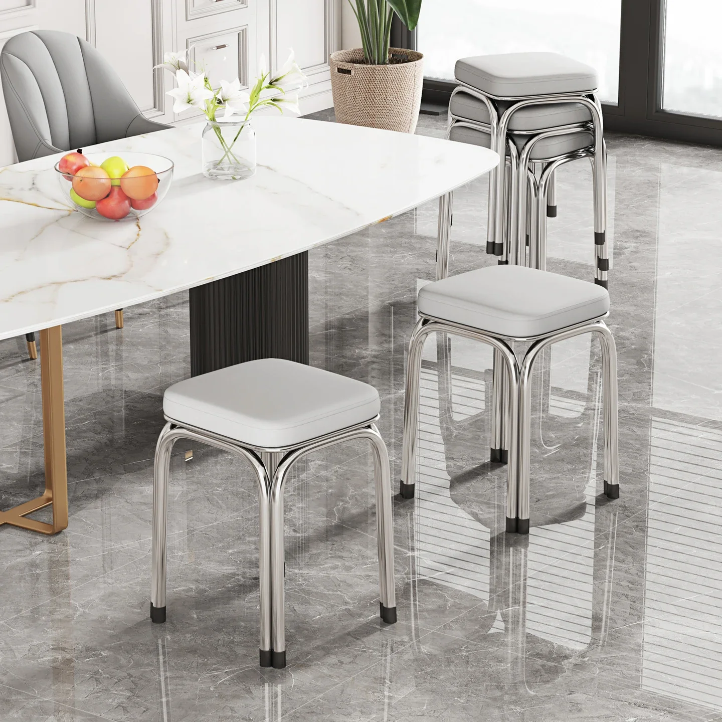 Luxury 304 Stainless Steel Stool Thickened Leather Square Stool Home Stackable Dining Bench Modern Minimalist Round Stool
