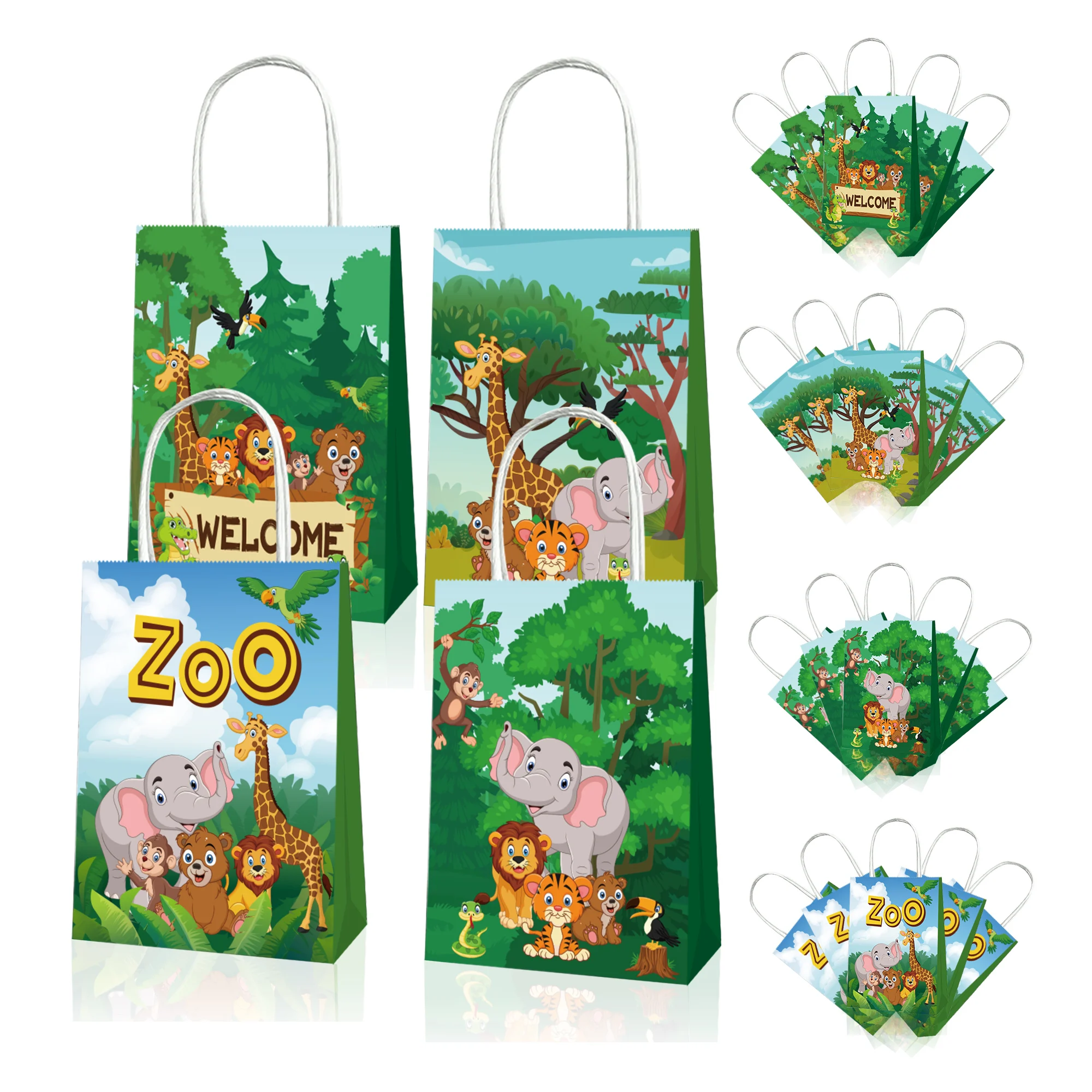 

BD061 12Pcs Cartoon Jungle Animals Tiger Lion Birthday Party Portable Packing Tote Paper Gift Bags Box Baby Shower Party Decors