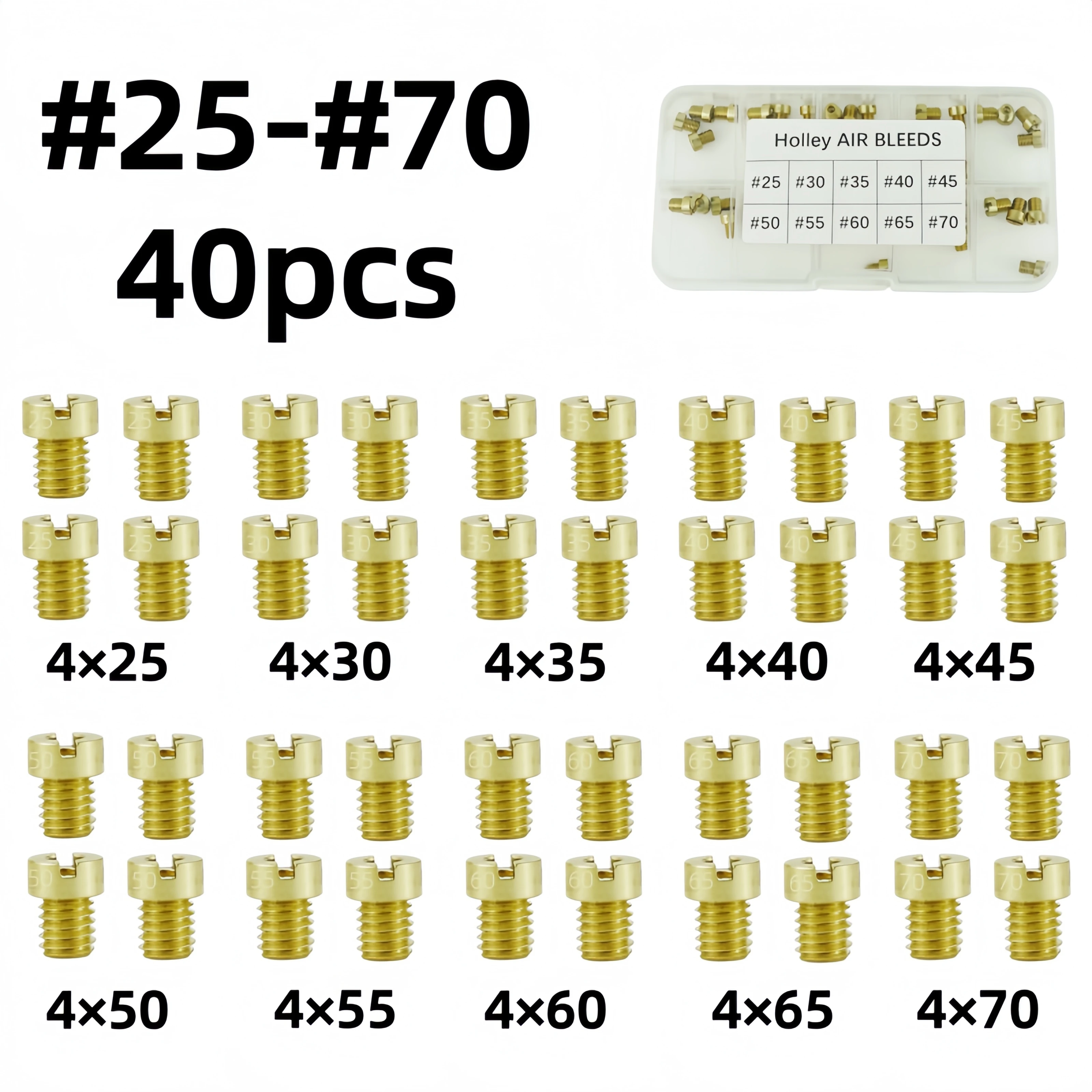 40pcs 10-32UNF For Holley Carburetor AIR BLEEDS Assortment Kit Main Jet Kit .025 in.-.070 in .028 in.-.055 in