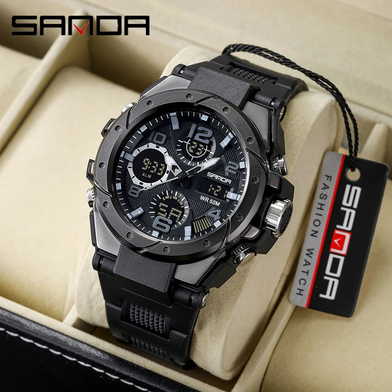 SANDA Digital Watch Men Military Date Sport Chronograph 50m Waterproof Dual Display Analog Digital LED Electronic Quartz Table