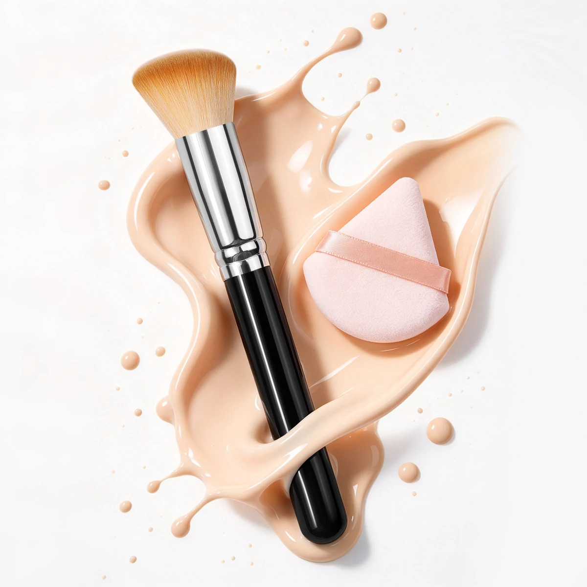 Foundation Brush & Triangle Powder Puff, Portable Daily Makeup Tools for Foundation, Concealer, BB Cream & Loose Powder 2pcs