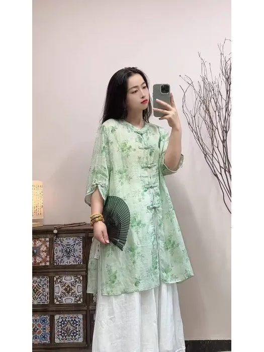 

Summer Floral Print Split Sve irt Stand Collar Button up Loose Fit Cotton Linen Blend Women's plus Size Cardigan