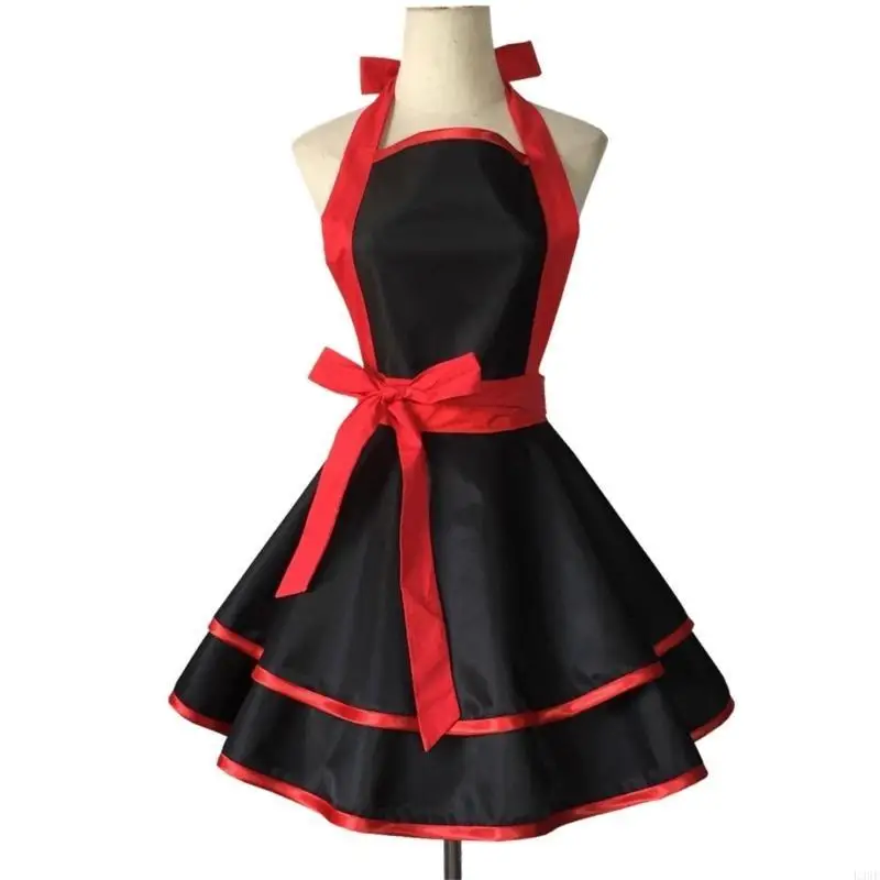 L38E Sweetheart Vintage Apron Pinafore Women Retro Stylish Apron Dress Adjustable Neck Strap Lace Ruffle Flirty Apron