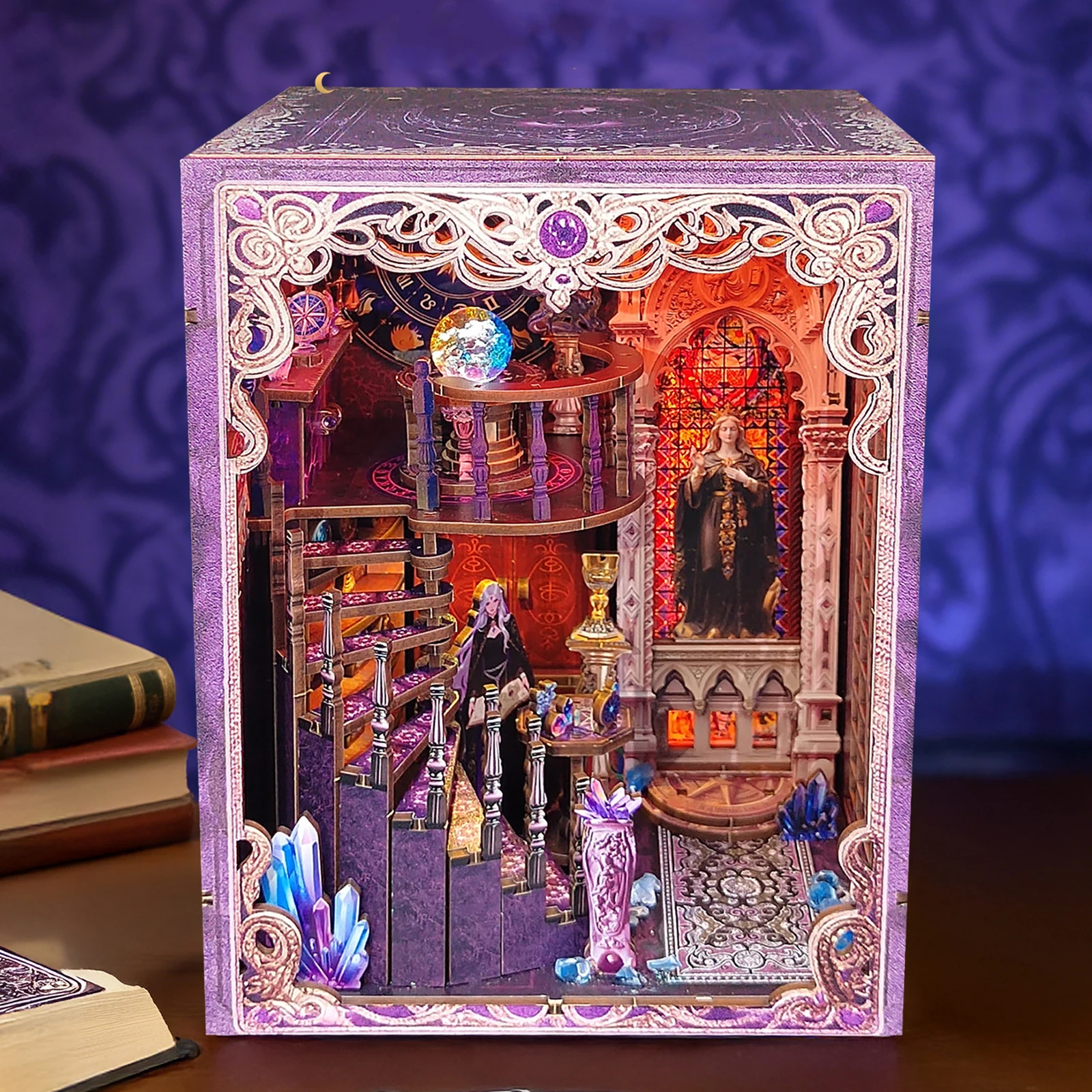 DIY Buchecke Holz Miniatur Modellbausätze Tarot Association Buchstütze 3D Puzzle mit LED-Licht Bücherregal für Freunde Geburtstagsgeschenk