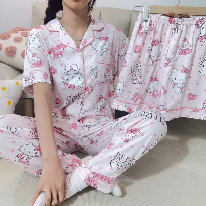 Summer pink HelloKitty short-sleeved three-piece pajamas women's thin cute breathable can be worn outside girl sweet loungewear