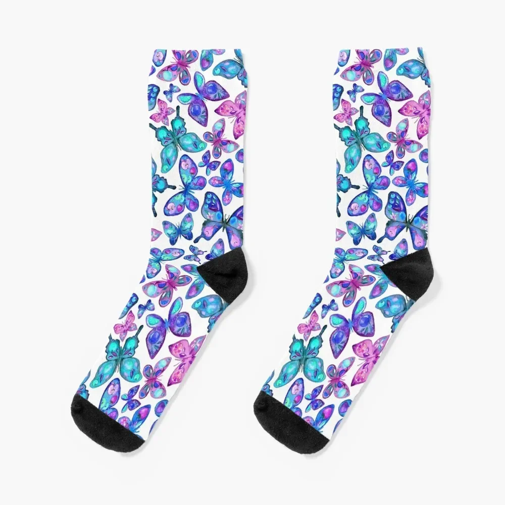 

Watercolor Fruit Patterned Butterflies - aqua and sapphire Socks Stockings man man professional running Socks Ladies Men's