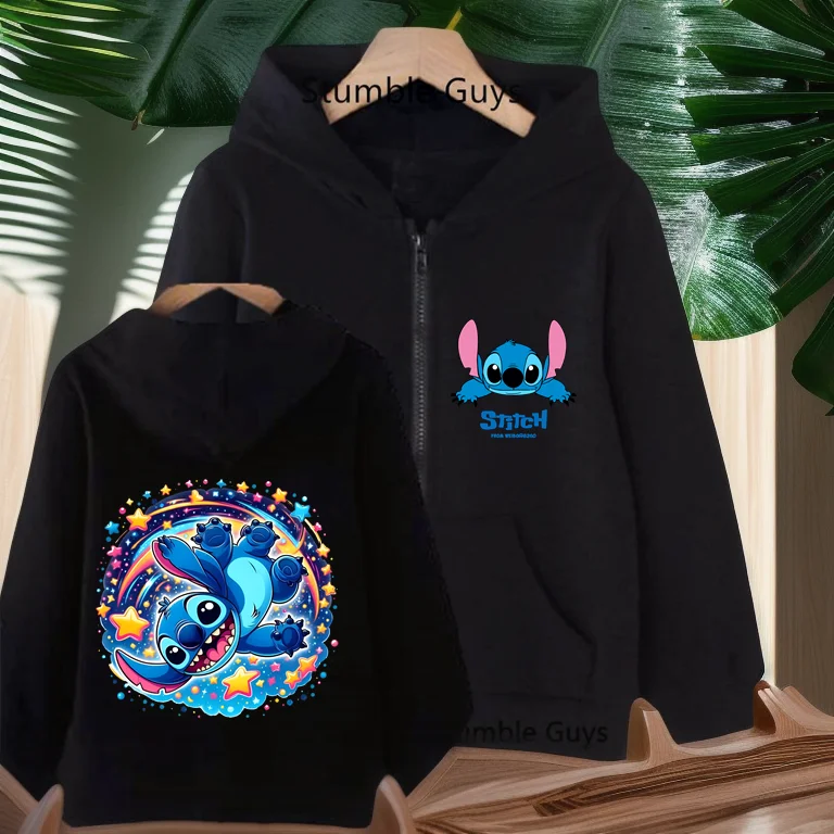 

2025 Girls Boys Stitch zipper Hoodies Long Sleeves Cartoon Sweatshirt Baby Children Clothing Autumn Pullovers 3-14 Years Kids