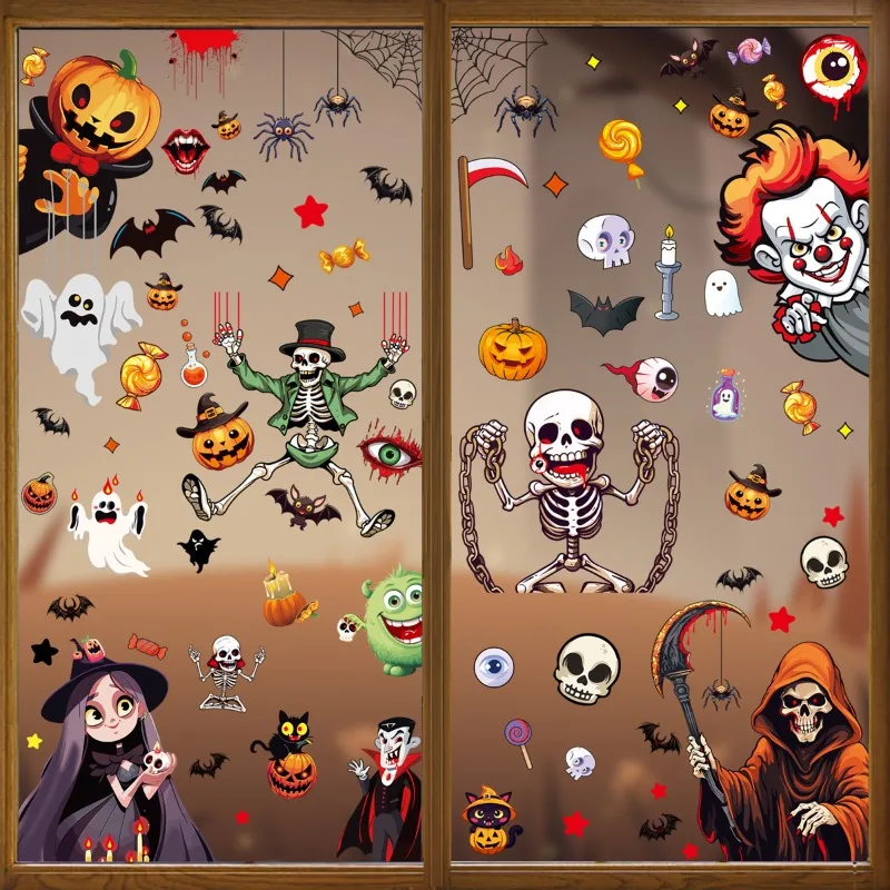 Halloween Window Stickers Pumpkin Death Witch Puppet Skull Glass Wall Sticker Party Home Haunted House Home Decoration Posters