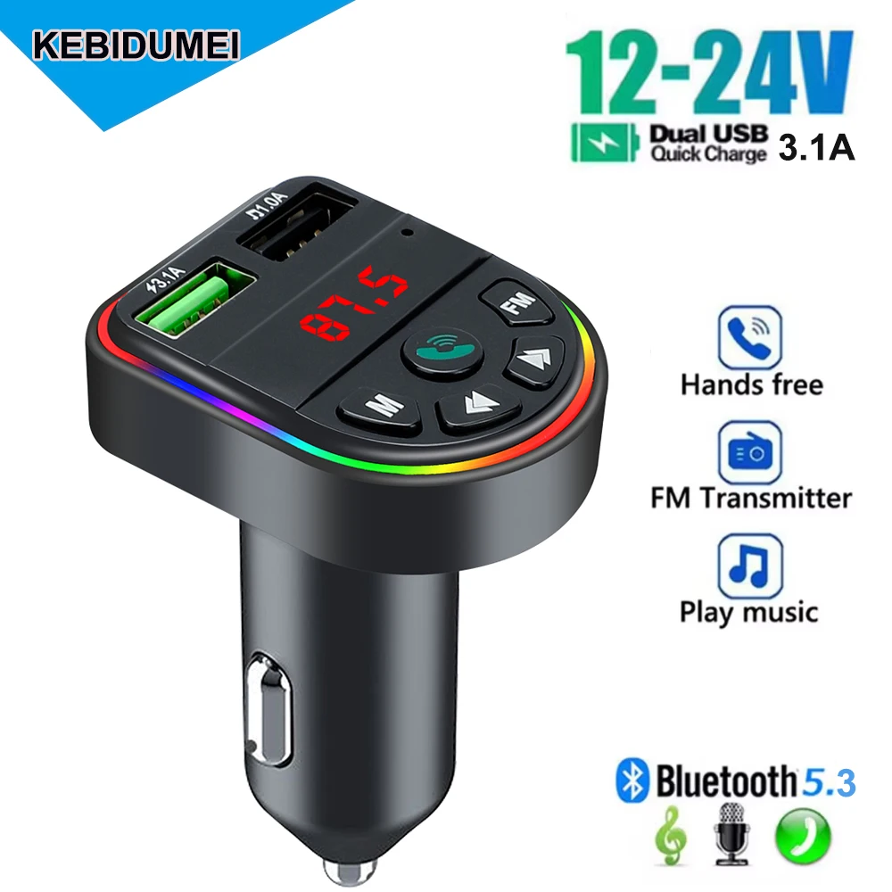 

Bluetooth 5.3 Car Fm Transmitter Handsfree Wireless Kit Dual Usb Car Charger Auto Radio Mp3 Player Adapter With Ambient light