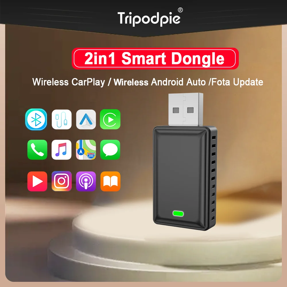 Tripodpie 2in1 Wireless Carplay Adapter Android Auto Smart USB Dongle Plug and Play For Havel Kia Volvo Audi MG VW Hyundai Jeep