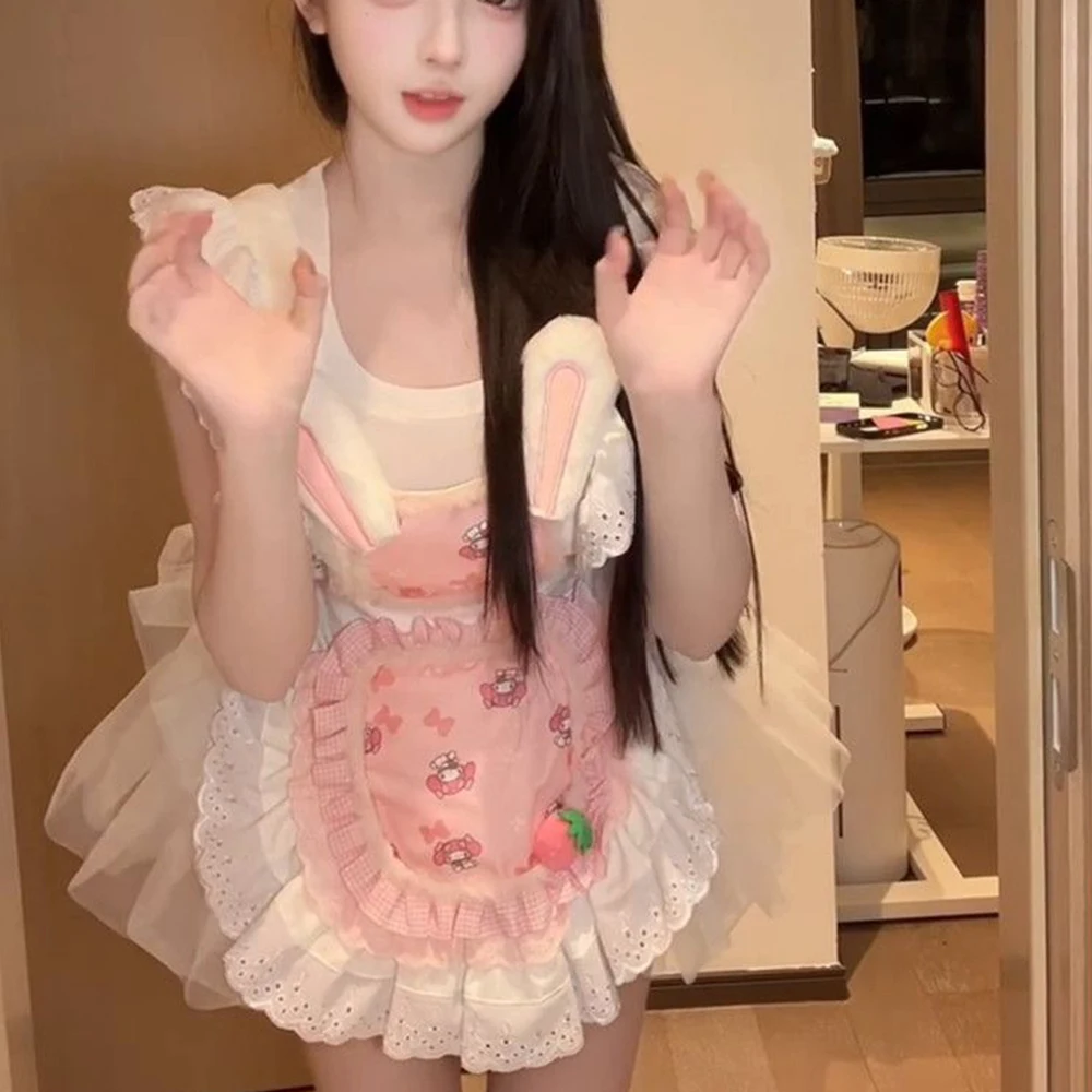 

Japanese Sweet Maid Cosplay Lace Flying Sleeve Top Women Kawaii Strawberry Apron Mini Pong Short Skirt Girls Y2k Tea Party Dress