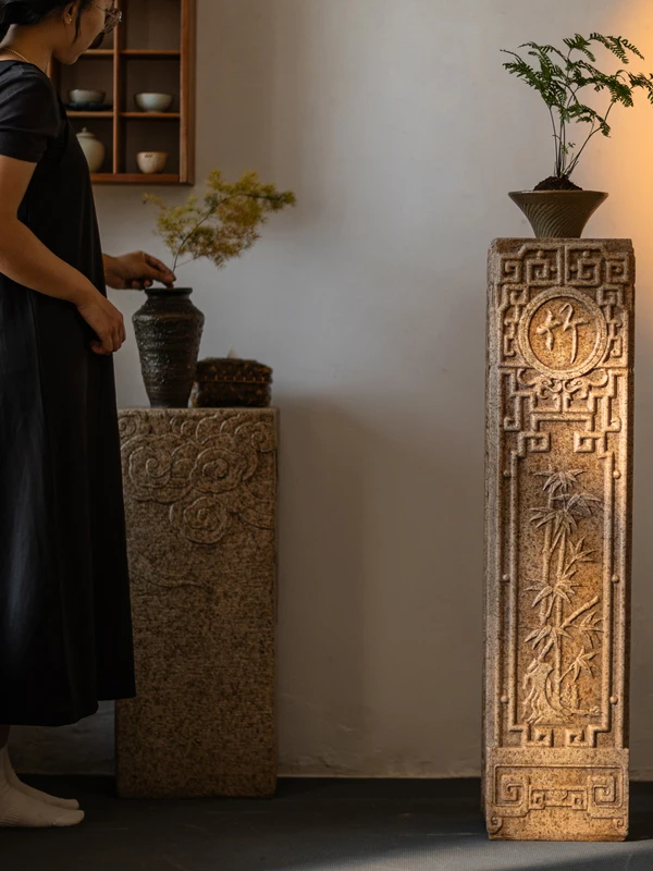 Antique Sle Stone Carving Decorative Column Cement Simulation Stone Floor Standing Living Room Entrance Chinese Zen Tea Roo...