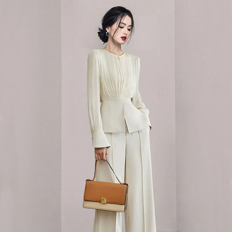 Womens Suits spring autumn formal casual shirt pants white Slender Long Sleeve Blouse Straightwide Leg Pants Two-Piece Set