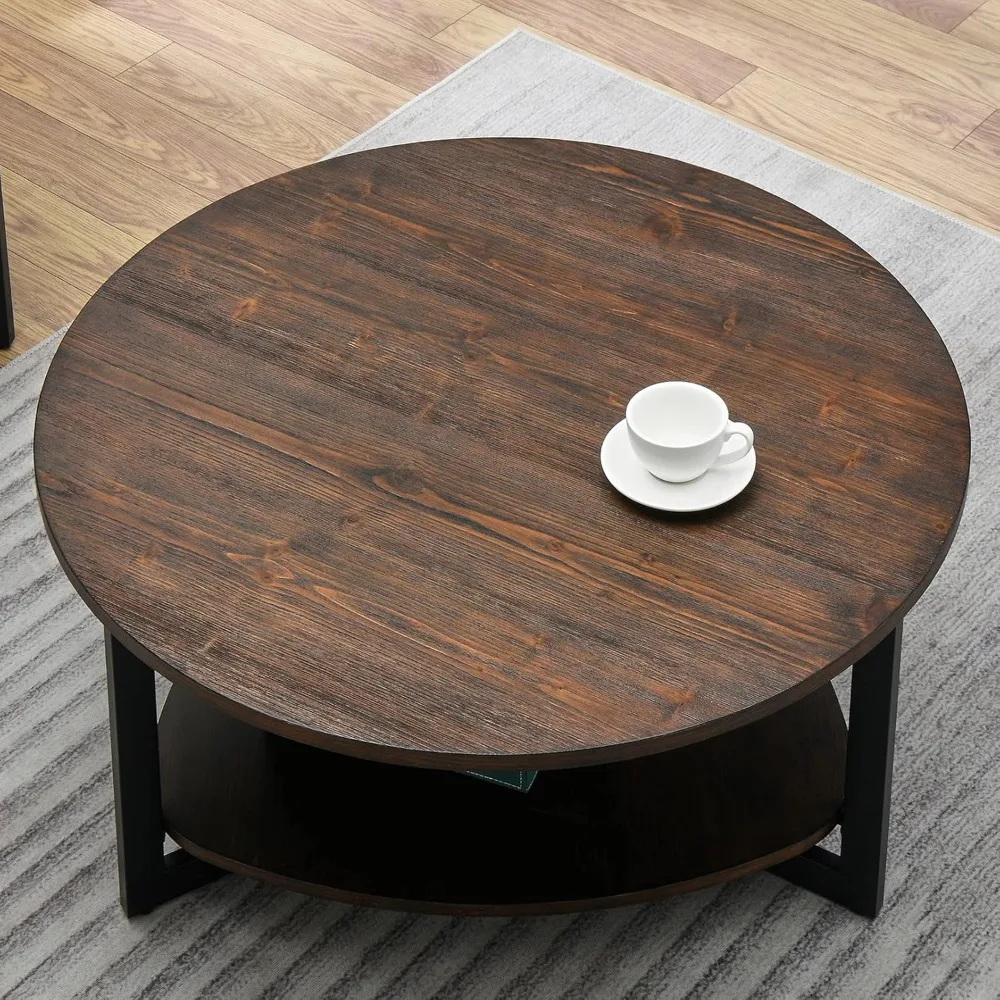 

Round Coffee Table for Living Room, 35.3 Large Farmhouse Cocktail Table with Storage Shelf, Circular Wood Center Tea Table