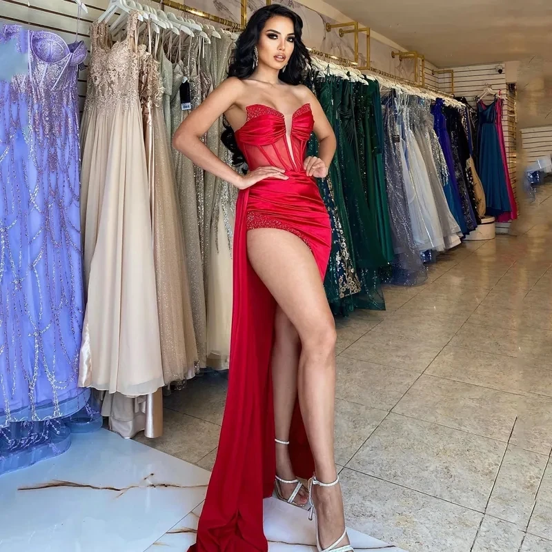 

Sexy Red Evening Formal Dresses 2024 Mermaid High Split Beadings Satin Prom Party Gowns Red Carpet Wear Robe De Soiree