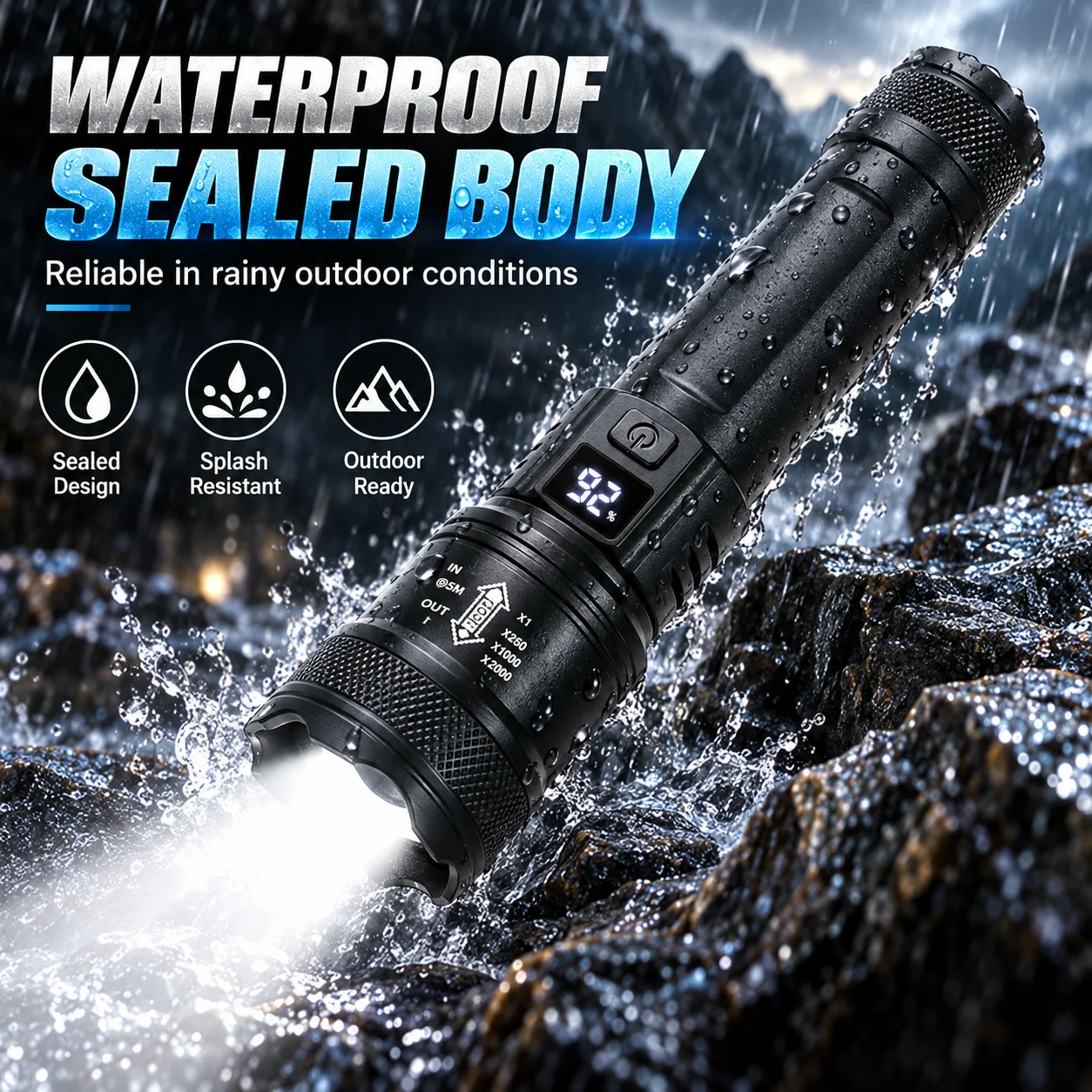 2000LM High Power LED Flashlight Rechargeable USB Tactical Torch with Battery Display Zoom Light for Camping Fishing Emergencies