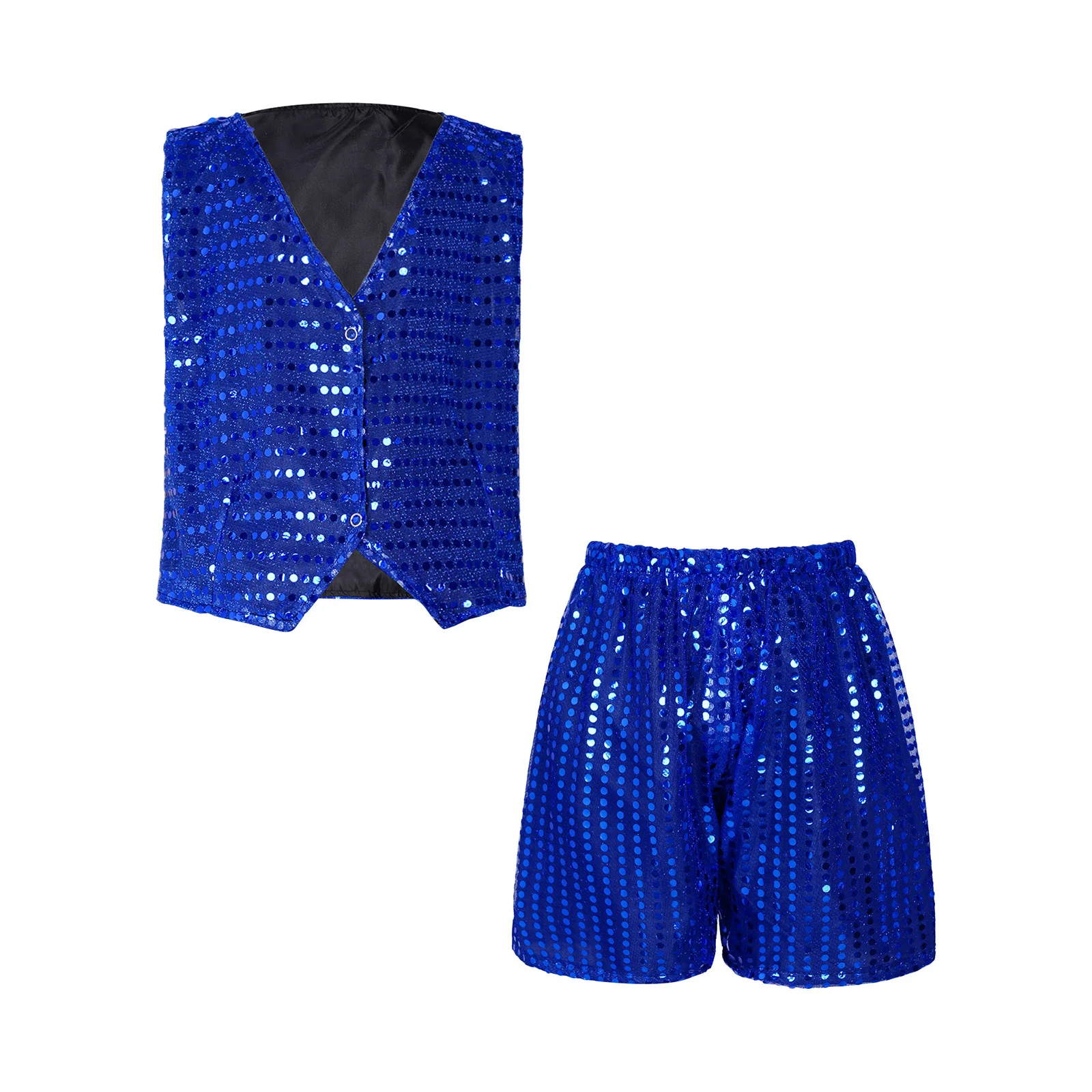 Kids Girls Boys Jazz Dance Hip Hop Outfit Shiny Sequins V-neck Sleeveless Vest with Shorts Streetwear for Cheerleading Clothing