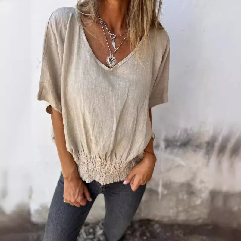 

2026 Spring and Summer Loose T-shirt Women's V-neck Casual Cotton and Linen Women's Top