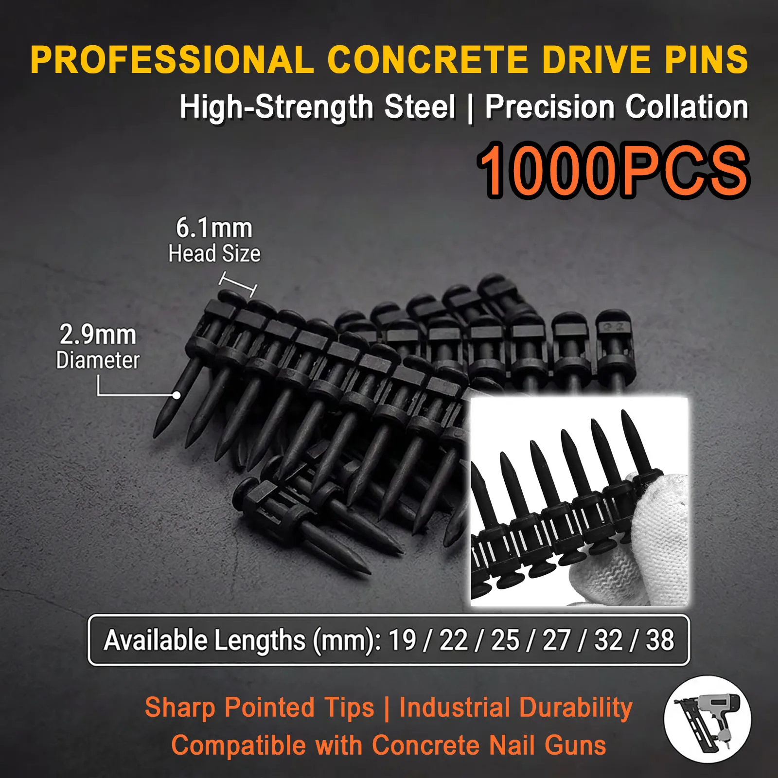 

1000PCS Gas Actuated Tool Nails 2.9mm Steel Concrete Drive Pins 19/22/25/27/32/38mm Strength Fasteners for Masonry Wall Fixing