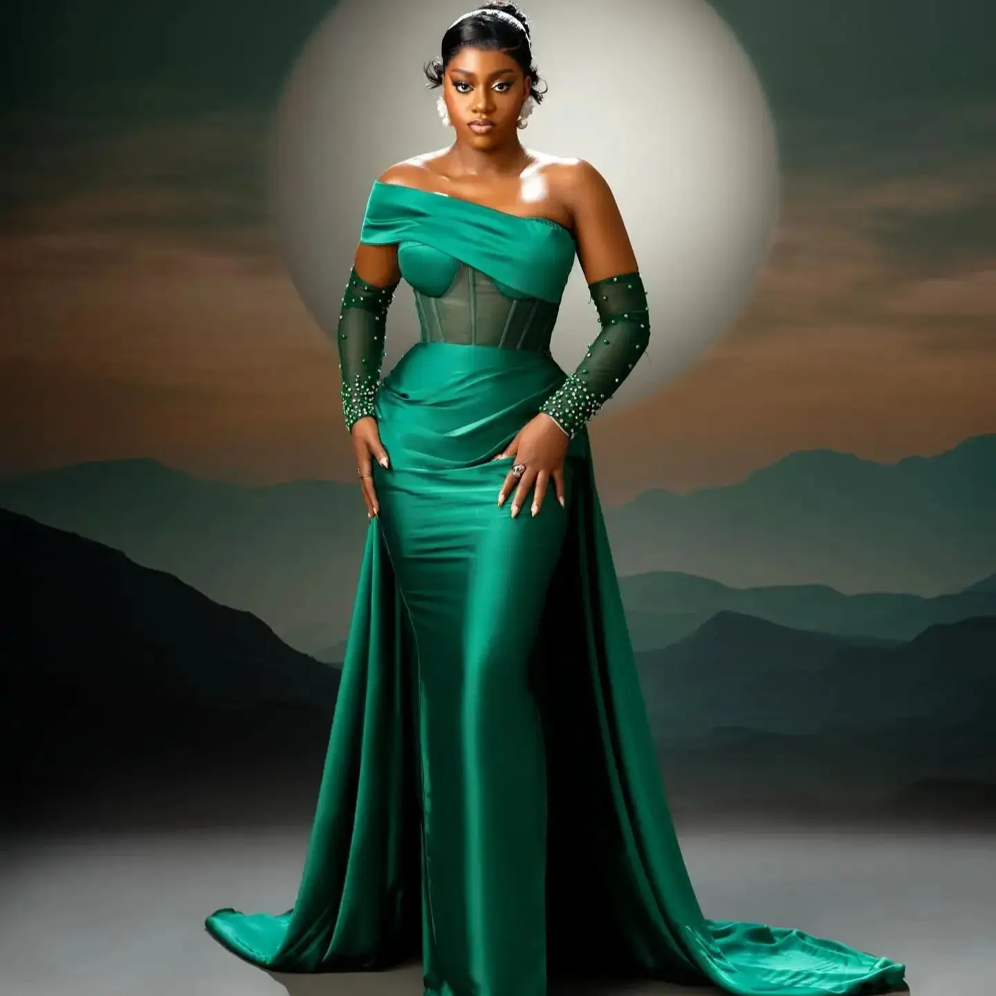 Robe de bal sirène en Satin vert émeraude, élégante, Style sud-africain, épaules dénudées, perlée sur la manche avec traîne