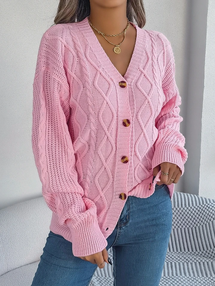 Women's winter sweaters solid color fashion casual V-neck lantern long sleeved knitted twist button V-neck cardigan sweater