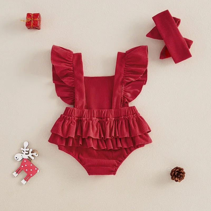 Baby Clothing Girl Overalls Romper Christmas Tree/Santa Embroidered Square Neck Corduroy Jumpsuits Headband Sets