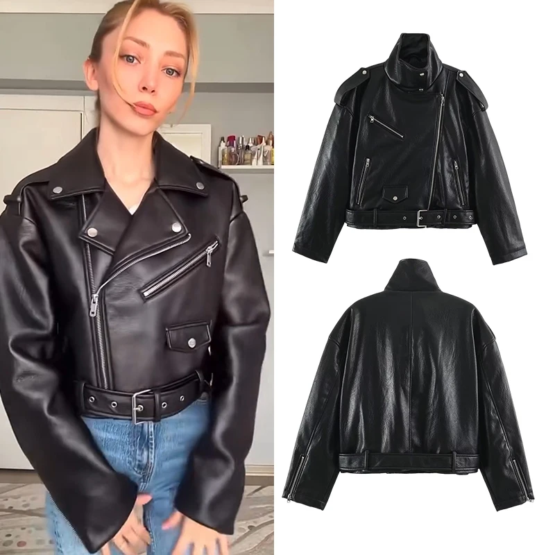 Women Faux Leather Moto Jacket Stand Collar Zip Up Epaulet Snap Button Short Coat Punk Rock Outerwear Autumn Winter Fashion