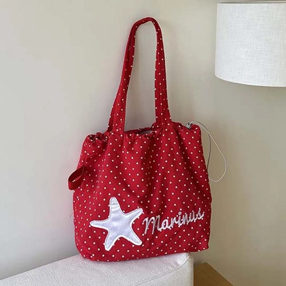 

Intricate Needlework Polka Dot Tote Bag Spacious Main Compartment Ultra-Lightweight Construction Floral Embroidered Pouch