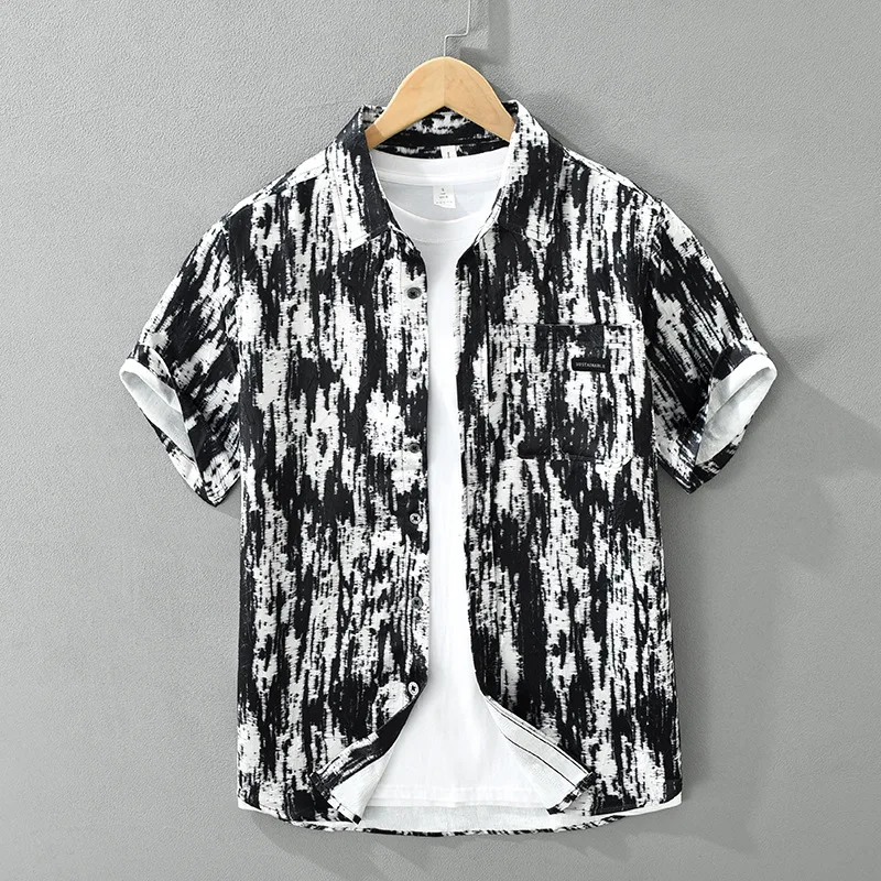 

Linen Blend Short Sleeve Casual Shirt Men's Summer New Style Breathable Thin Print Comfortable Wearing Polyester Nylon Fabric