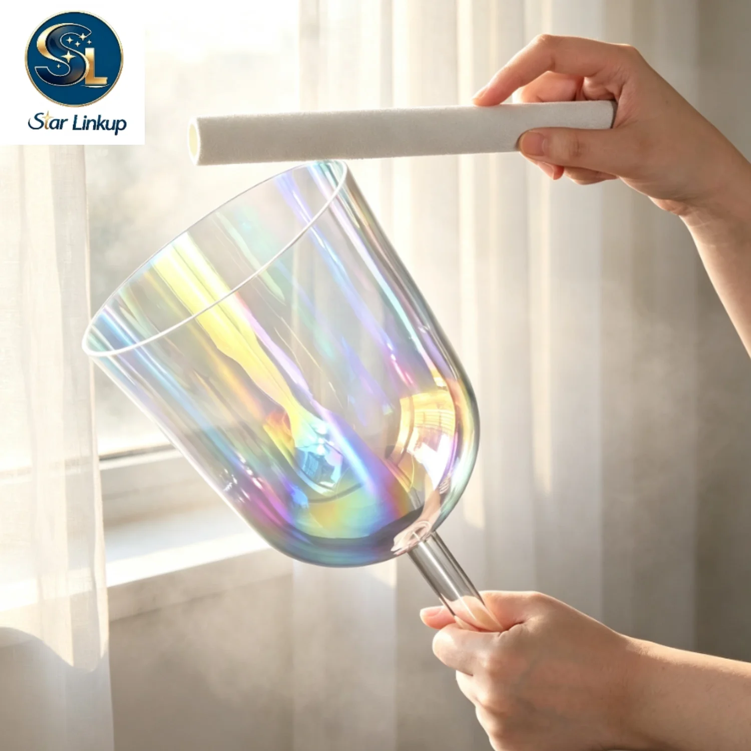 STAR LINKUP 4 Inch Cosmic Light Clear Quartz Crystal Singing Bowl with Handle, Stress Relief Sound Healing Meditation Sound Bath