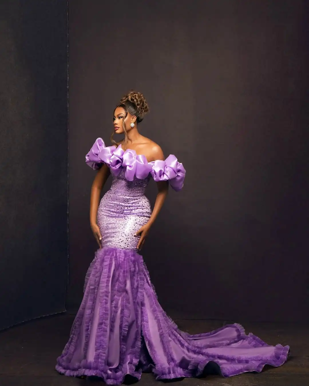 Stunning Purple Mermaid Wedding Reception Dress African Black Girls Prom Party Dresses Ruffled Off Shoulder Asoebi Birthday Gown