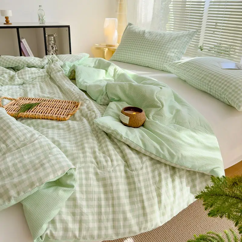 

Green Plaid Quilt for Summer Japanese Style Soft Thin Air Conditioning Throw Single Double Machine Washable Breathable Blanket