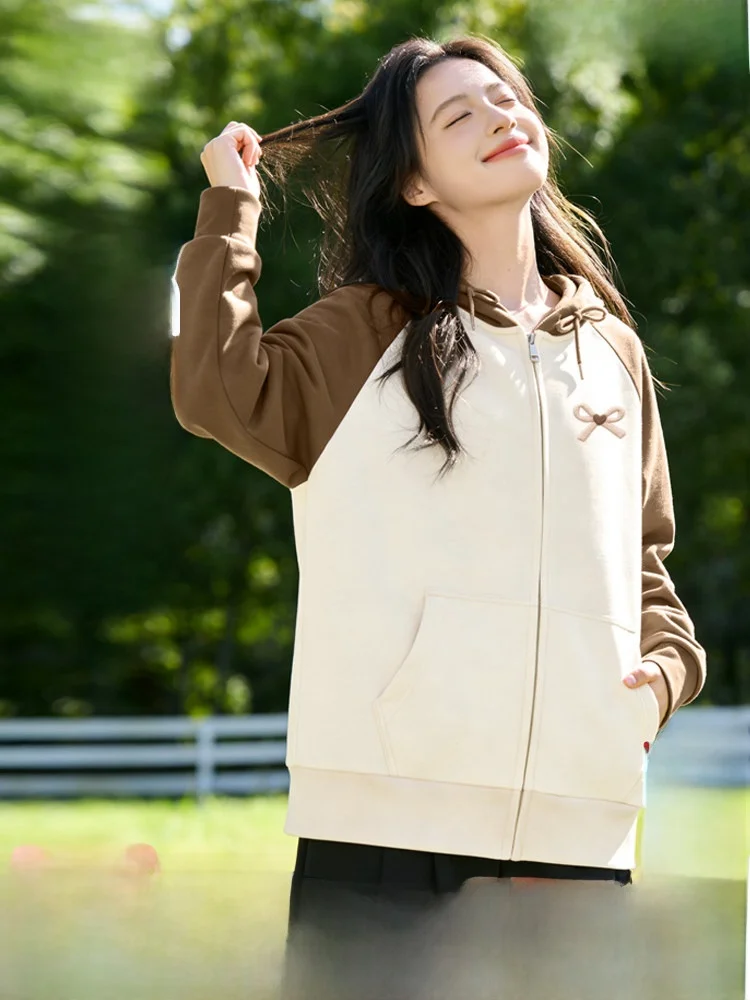 

Женская толстовка Snow Flng, новинка весна-осень, свободный повседневный кардиган-жакет с цветными блоками, свитшот для школьниц средних классов