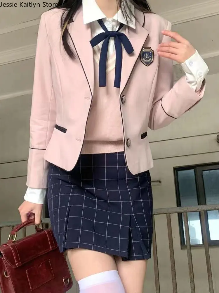 Japanese Student Kawaii JK School Uniform Fashion Long Sleeve Knitted Vest Uniform Korean Sweet Cute Girls Blazers Pleated Skirt