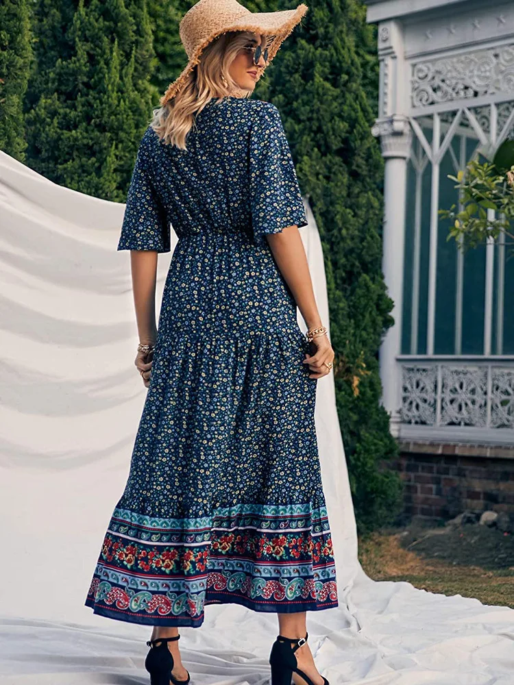 Bohemian Beach Long Dress Women Clothes 2023 Summer Button V-neck Flared Sleeves Dresses Boho Hippie Chic Maxi Dress Vestidos