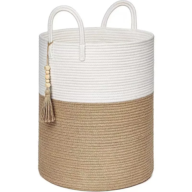 Woven Storage Basket Decorative Rope Wooden Bead Decor For Blankets Toys Clothes Plant Organizer With Handles Living Room Home #